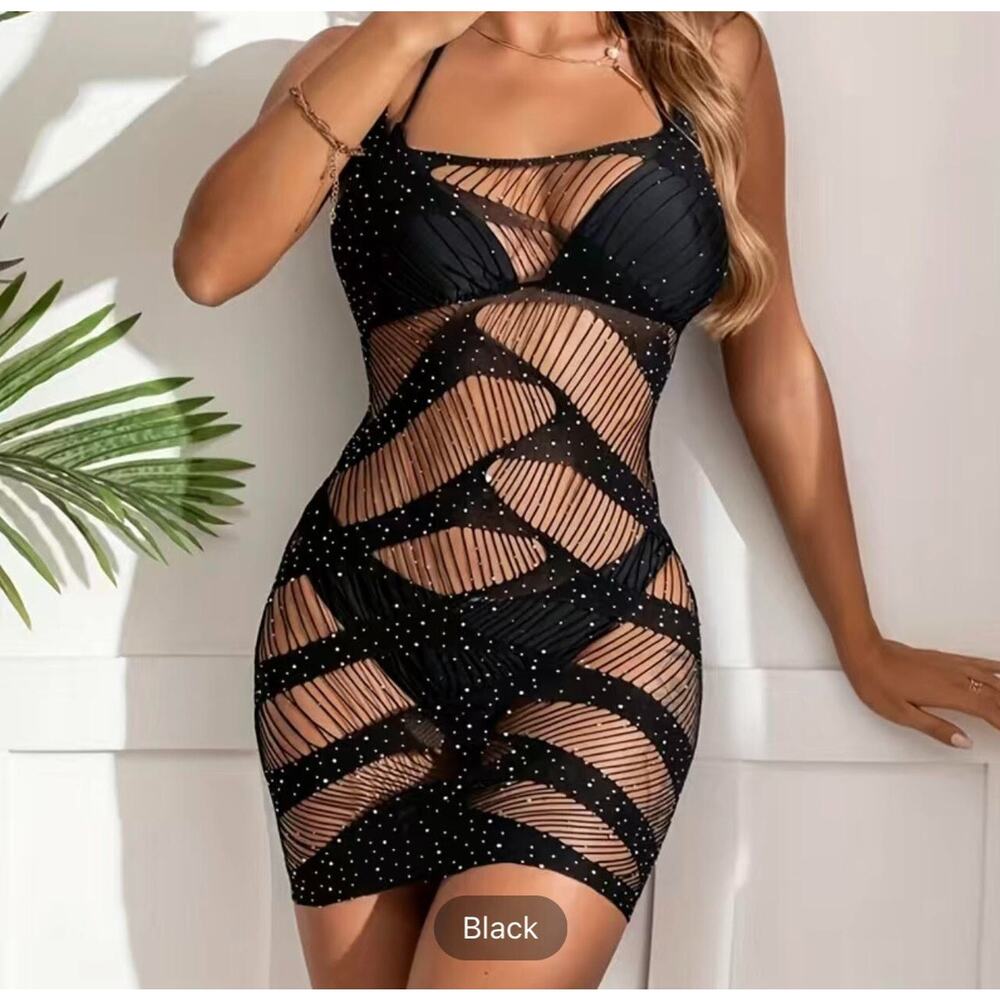 Black Rhinestone Decor Beach Cover Up Dress Without Bikini, One Size